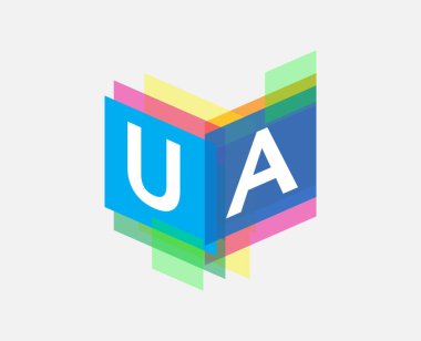 Renkli geometrik şekilli UA logosu, yaratıcı endüstri, web, iş ve şirket için harf kombinasyonu tasarımı.