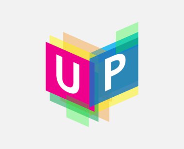 Renkli geometrik şekilli UP harfi logosu, yaratıcı endüstri, web, iş ve şirket için harf kombinasyonu tasarımı.