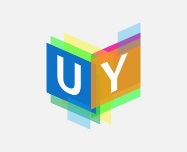Renkli geometrik şekilli UY logosu, yaratıcı endüstri, web, iş ve şirket için harf kombinasyonu tasarımı.