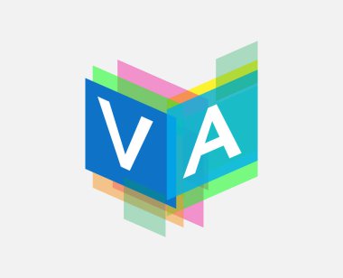Renkli geometrik şekilli VA logosu, yaratıcı endüstri, web, iş ve şirket için harf kombinasyonu tasarımı.