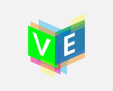 Renkli geometrik şekilli VE logosu, yaratıcı endüstri, web, iş ve şirket için harf kombinasyonu tasarımı.