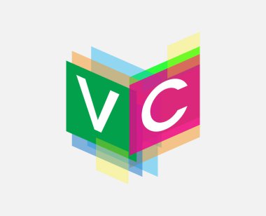 Renkli geometrik şekilli VC logosu, yaratıcı endüstri, web, iş ve şirket için harf kombinasyonu tasarımı.
