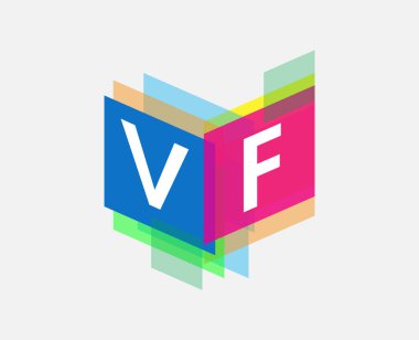 Renkli geometrik şekilli VF logosu, yaratıcı endüstri, web, iş ve şirket için harf kombinasyonlu logo tasarımı.
