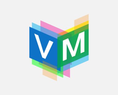 Renkli geometrik şekilli VM logosu, yaratıcı endüstri, web, iş ve şirket için harf kombinasyonu tasarımı.