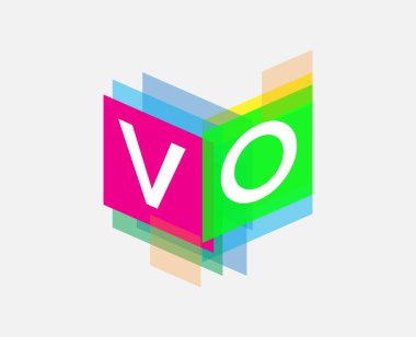 Renkli geometrik şekilli VO logosu, yaratıcı endüstri, web, iş ve şirket için harf kombinasyonu tasarımı.