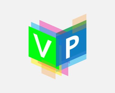Renkli geometrik şekilli VP logosu, yaratıcı endüstri, web, iş ve şirket için harf kombinasyonu tasarımı.