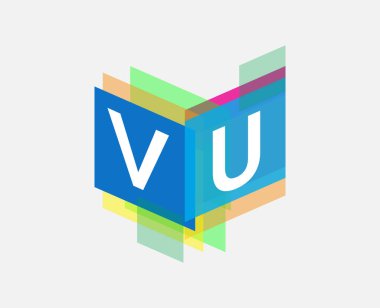 Renkli geometrik şekilli VU logosu, yaratıcı endüstri, web, iş ve şirket için harf kombinasyonu tasarımı.