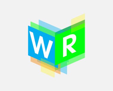 Renkli geometrik şekilli WR logosu, yaratıcı endüstri, web, iş ve şirket için harf kombinasyonu tasarımı.