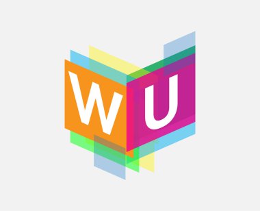 Renkli geometrik şekilli WU logosu, yaratıcı endüstri, web, iş ve şirket için harf kombinasyonu tasarımı.
