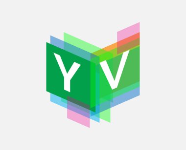 Renkli geometrik şekilli YV logosu, yaratıcı endüstri, web, iş ve şirket için harf kombinasyonu tasarımı.