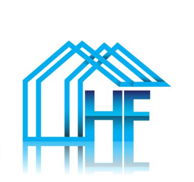 Ev simgesi, iş logosu ve emlak geliştiricisi içeren ilk logo HF.