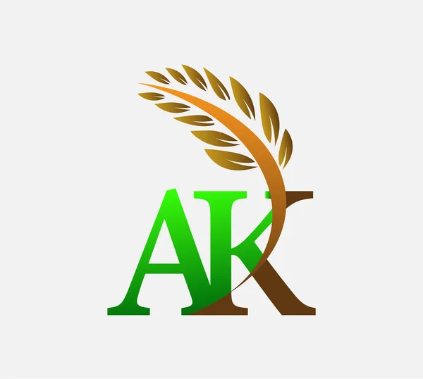 初期の文字のロゴAk 農業小麦のロゴテンプレートのアイコンのデザインは緑と茶色を着色 — ストックベクタ