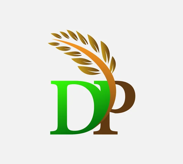 初期の文字のロゴDp 農業小麦のロゴテンプレートのアイコンのデザインは緑と茶色の色 — ストックベクタ