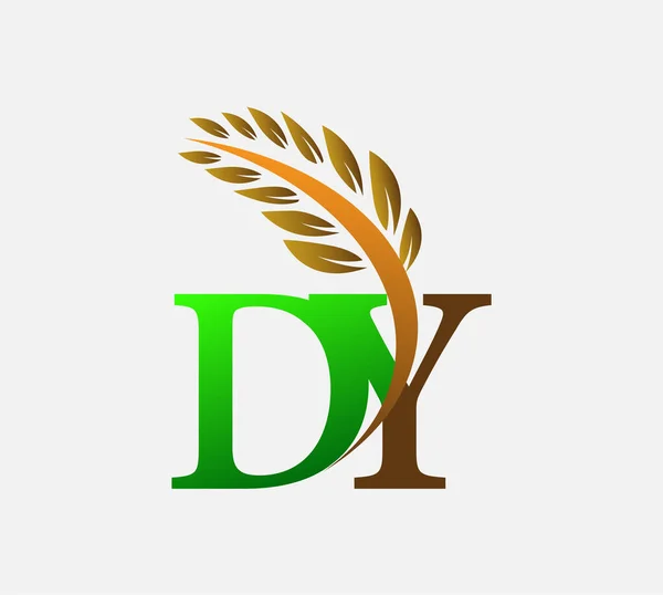 初期の文字のロゴDy 農業小麦のロゴテンプレートのアイコンのデザインの色緑と茶色 — ストックベクタ