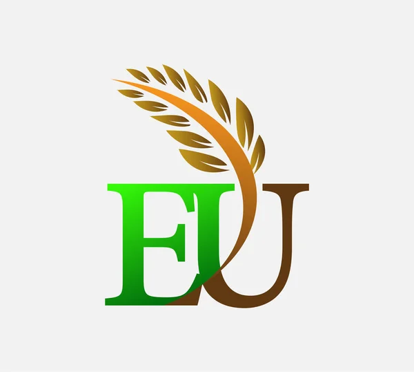 初期の文字のロゴEu 農業小麦のロゴテンプレートのアイコンのデザインは緑と茶色の色 — ストックベクタ