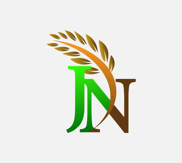 初始字母标识Jn 农业小麦标识模板图标设计绿色和棕色 — 图库矢量图片