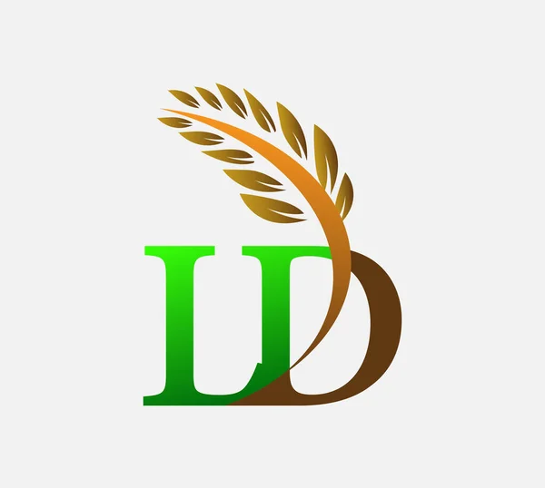 初期の文字のロゴLd 農業小麦のロゴテンプレートのアイコンのデザインの色緑と茶色 — ストックベクタ