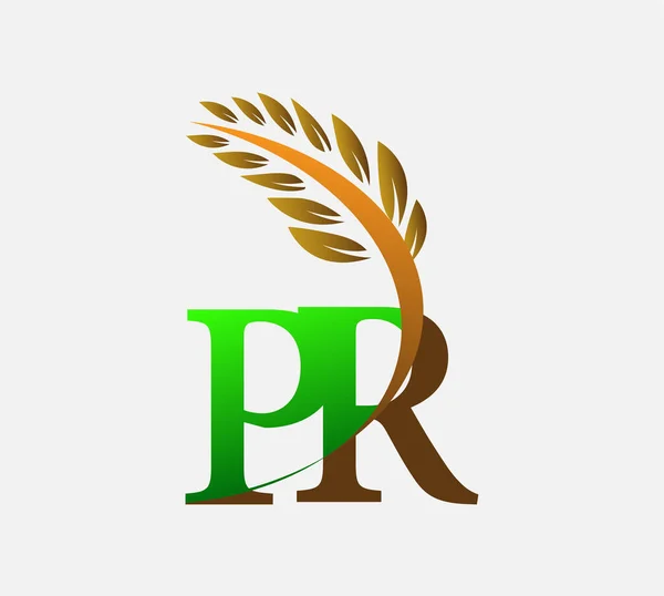 初期の文字のロゴPr 農業小麦のロゴテンプレートのアイコンのデザインの色緑と茶色 — ストックベクタ