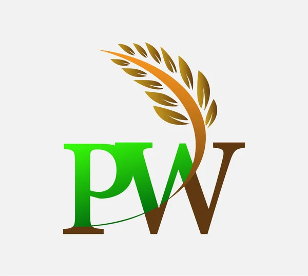 初始字母标识Pw 农业小麦标识模板图标设计绿色和棕色 — 图库矢量图片