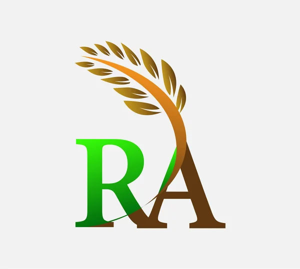 初期の文字のロゴRa 農業小麦のロゴテンプレートのアイコンのデザインの色緑と茶色 — ストックベクタ