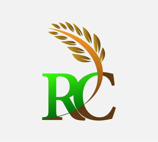 初期の文字のロゴRc 農業小麦のロゴテンプレートのアイコンのデザインの色緑と茶色 — ストックベクタ
