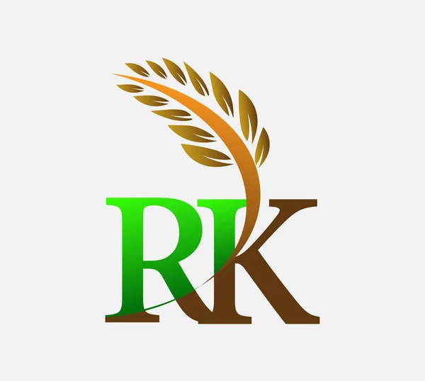 初期の文字のロゴRk 農業小麦のロゴテンプレートベクトルのアイコンのデザインは緑と茶色 — ストックベクタ
