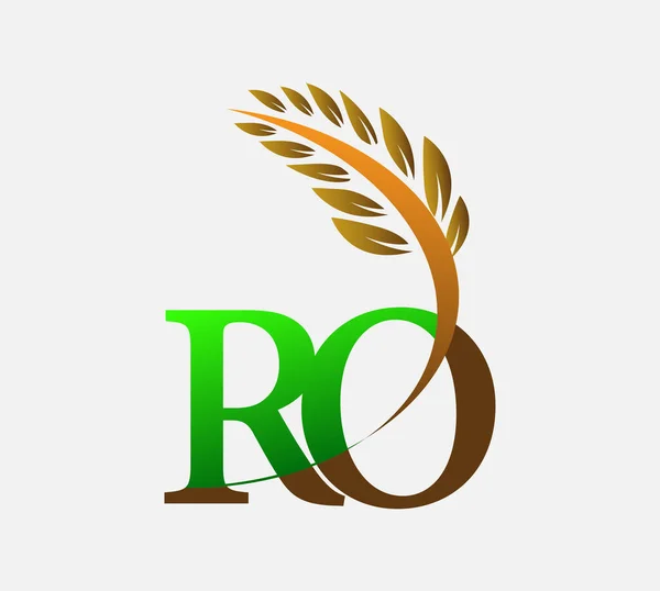 初期の文字のロゴRo 農業小麦のロゴテンプレートのアイコンのデザインは緑と茶色の色 — ストックベクタ