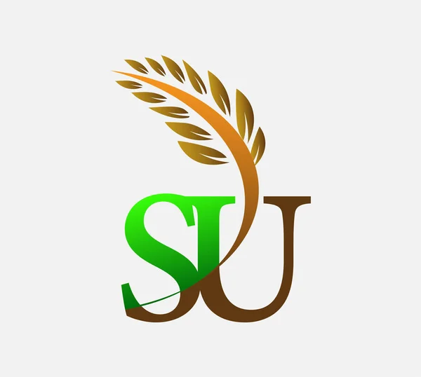 字母首字母标识Su 农业小麦标识模板矢量图标设计绿色和棕色 — 图库矢量图片
