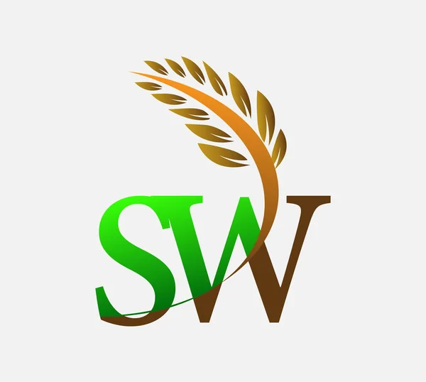初始字母符号Sw 农业小麦标识模板矢量图标设计绿色和棕色 — 图库矢量图片