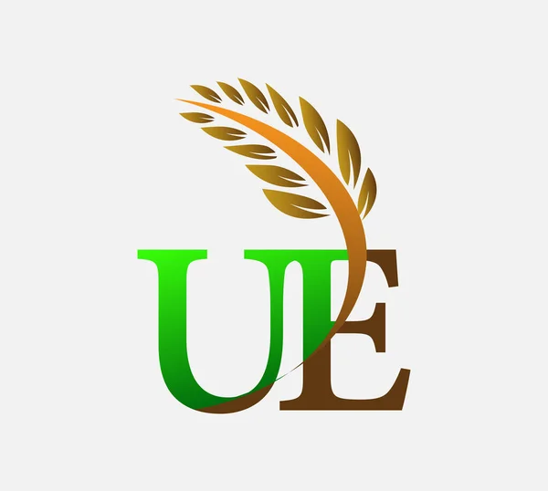 初期の文字のロゴUe 農業小麦のロゴテンプレートのアイコンのデザインの色緑と茶色 — ストックベクタ