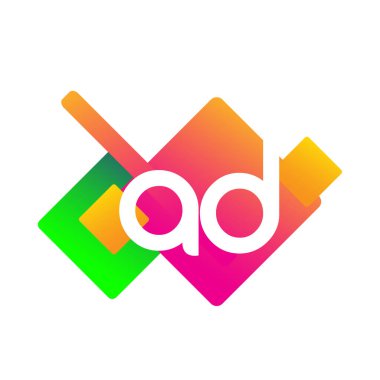 Renkli geometrik şekilli AD harfi logosu, yaratıcı endüstri, web, iş ve şirket için harf kombinasyonu tasarımı.