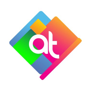 Renkli geometrik şekilli AT harfi logosu, yaratıcı endüstri, web, iş ve şirket için harf kombinasyonu tasarımı.