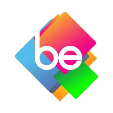 Renkli geometrik şekilli BE logosu, yaratıcı endüstri, web, iş ve şirket için harf kombinasyonu tasarımı.