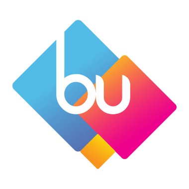 Renkli geometrik şekilli BU logosu, yaratıcı endüstri, web, iş ve şirket için harf kombinasyonu tasarımı.