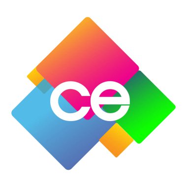 Renkli geometrik şekilli CE logosu, yaratıcı endüstri, web, iş ve şirket için harf kombinasyonu tasarımı.
