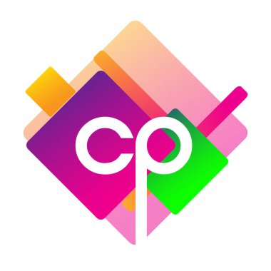 Renkli geometrik şekilli CP logosu, yaratıcı endüstri, web, iş ve şirket için harf kombinasyonu tasarımı.