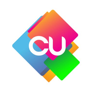Renkli geometrik şekilli CU logosu, yaratıcı endüstri, web, iş ve şirket için harf kombinasyonu tasarımı.