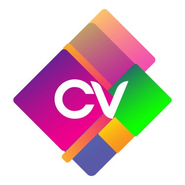 Renkli geometrik şekilli CV logosu, yaratıcı endüstri, web, iş ve şirket için harf kombinasyonlu logo tasarımı.