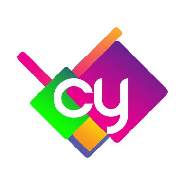 Renkli geometrik şekilli CY logosu, yaratıcı endüstri, web, iş ve şirket için harf kombinasyonu tasarımı.