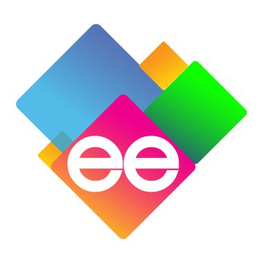 Renkli geometrik şekilli EE logosu, yaratıcı endüstri, web, iş ve şirket için harf kombinasyonu tasarımı.