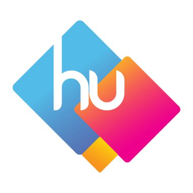 Renkli geometrik şekilli HU logosu, yaratıcı endüstri, web, iş ve şirket için harf kombinasyonu tasarımı.