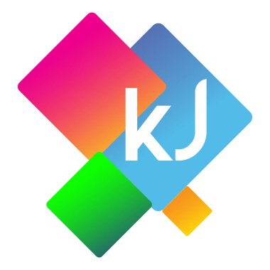 Renkli geometrik şekilli KJ logosu, yaratıcı endüstri, web, iş ve şirket için harf kombinasyonu tasarımı.