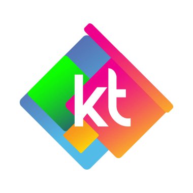 Renkli geometrik şekilli KT logosu, yaratıcı endüstri, web, iş ve şirket için harf kombinasyonu tasarımı.