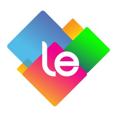 Renkli geometrik şekilli LE logosu, yaratıcı endüstri, web, iş ve şirket için harf kombinasyonlu logo tasarımı.