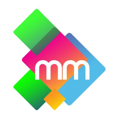 Renkli geometrik şekilli MM logosu, yaratıcı endüstri, web, iş ve şirket için harf kombinasyonu tasarımı.