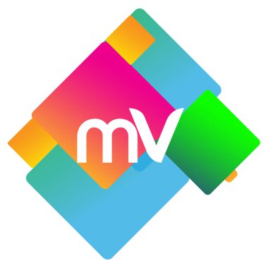Renkli geometrik şekilli MV logosu, yaratıcı endüstri, web, iş ve şirket için harf kombinasyonlu logo tasarımı.