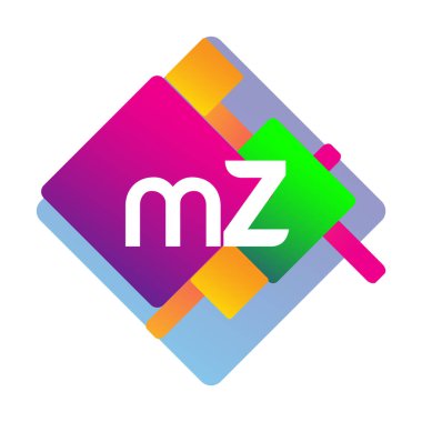 Renkli geometrik şekilli MZ logosu, yaratıcı endüstri, web, iş ve şirket için harf kombinasyonu tasarımı.