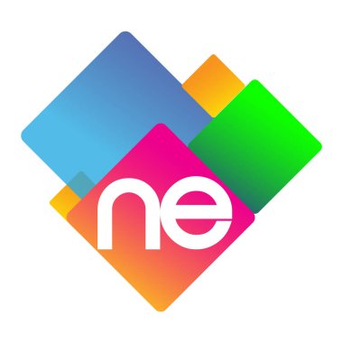 Renkli geometrik şekilli NE harfi logosu, yaratıcı endüstri, web, iş ve şirket için harf kombinasyonu tasarımı.