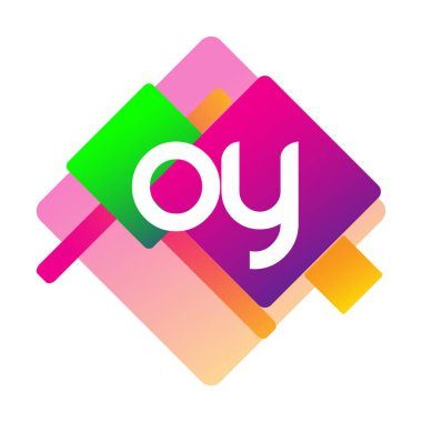Renkli geometrik şekilli OY logosu, yaratıcı endüstri, web, iş ve şirket için harf kombinasyonu tasarımı.