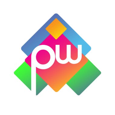 Renkli geometrik şekilli PW logosu, yaratıcı endüstri, web, iş ve şirket için harf kombinasyonlu logo tasarımı.
